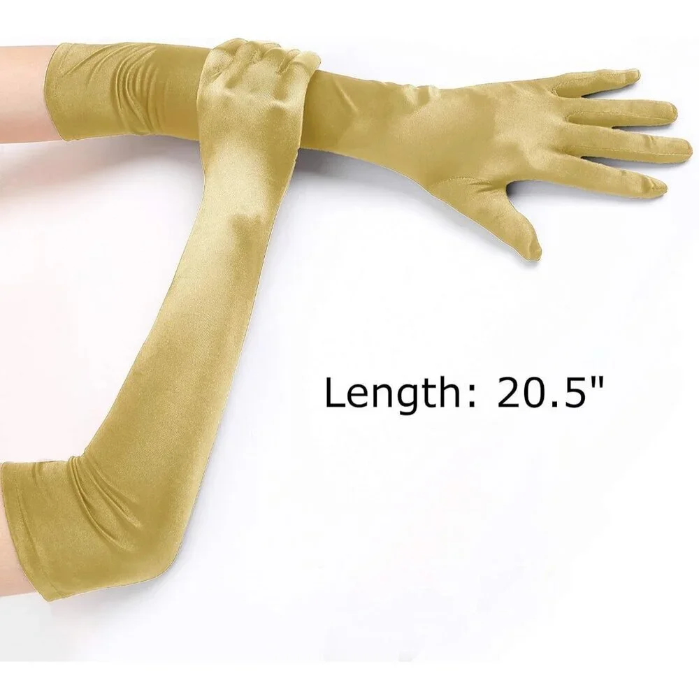 Women's Smooth Dark Gold Long Satin Gloves Elbow Length Party Costume Accessory